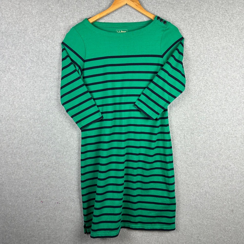 LLBean‎ Green Navy Striped Boatneck 3/4 Sleeve Cotton Dress Misses S